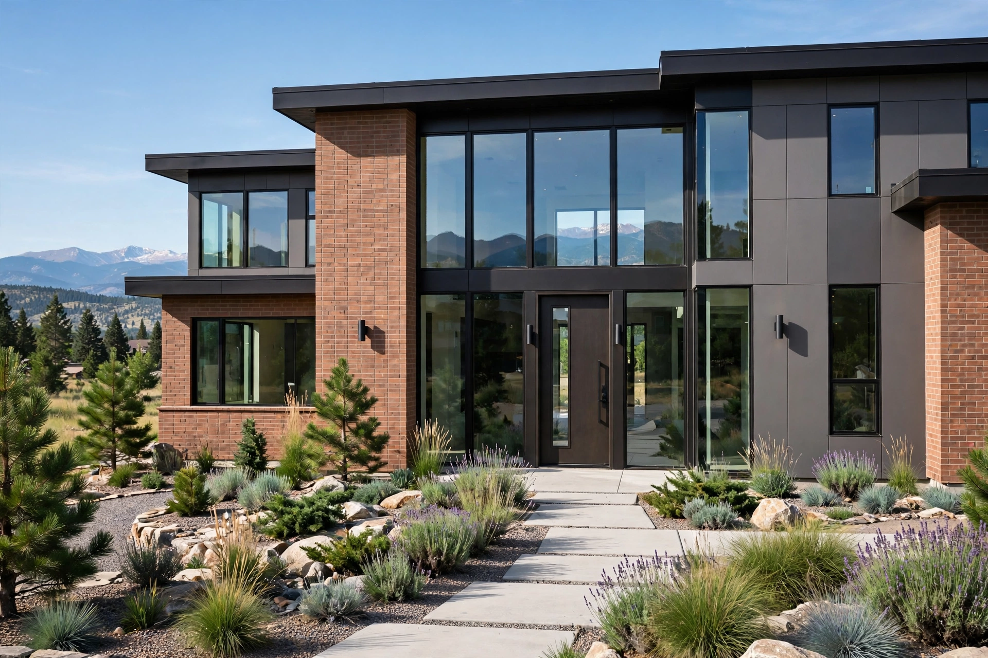 Modern new-construction home with brick and metal facade and mountain views in the Denver metro